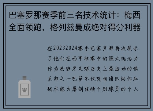 巴塞罗那赛季前三名技术统计：梅西全面领跑，格列兹曼成绝对得分利器